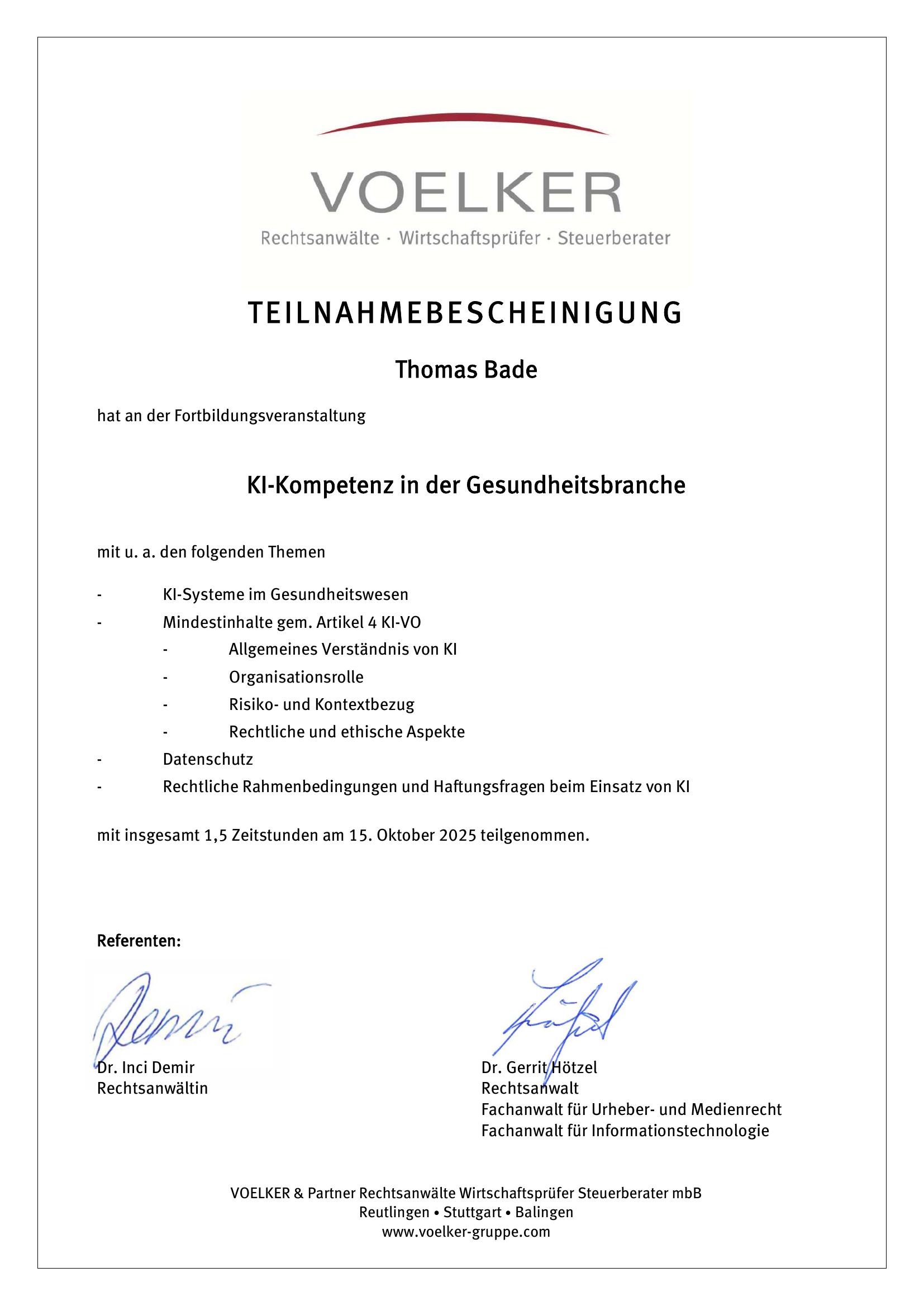 Teilnahmebescheinigung KI-Kompetenz in der Gesundheitsbranche 2025