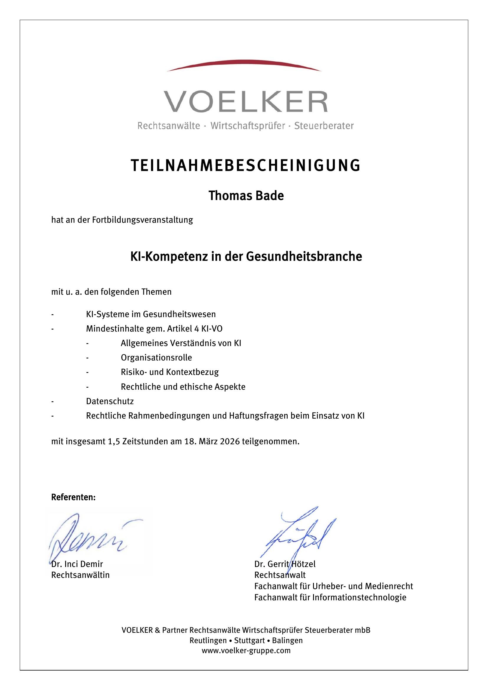 Teilnahmebescheinigung KI-Kompetenz in der Gesundheitsbranche 2026